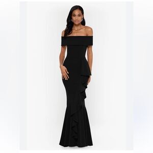 Betsy & Adam Petite CARINA LONG OFF THE SHOULDER RUFFLE DRESS NWT
